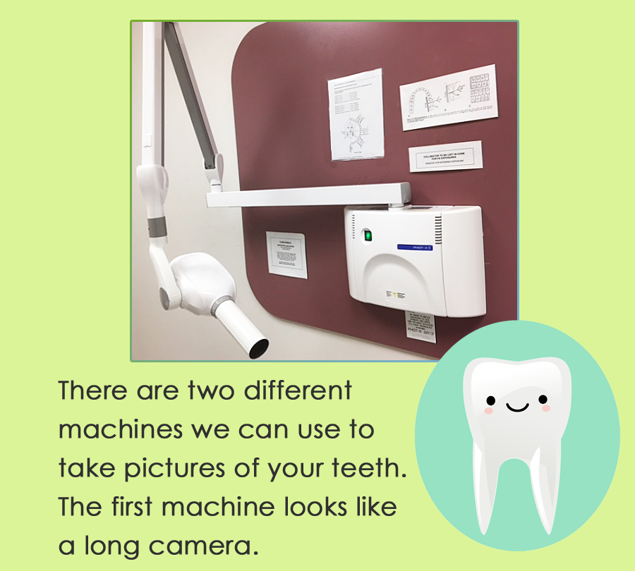 image of words in audio below and dental x-ray machine and happy tooth